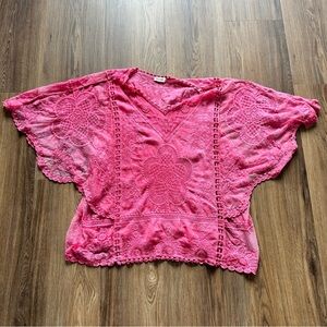 Kindred Floral Embroidered Flutter Sleeve Blouse Womens 2X Pink V-Neck Boho Top